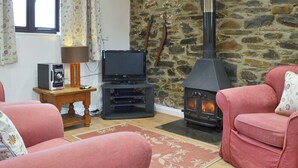 A cozy living room with a stone wall, a fireplace, a television, and two pink sofas. - A pretty 2 bedroom barn conversion set within an equestrian centre. (Polson, nr. Launceston)