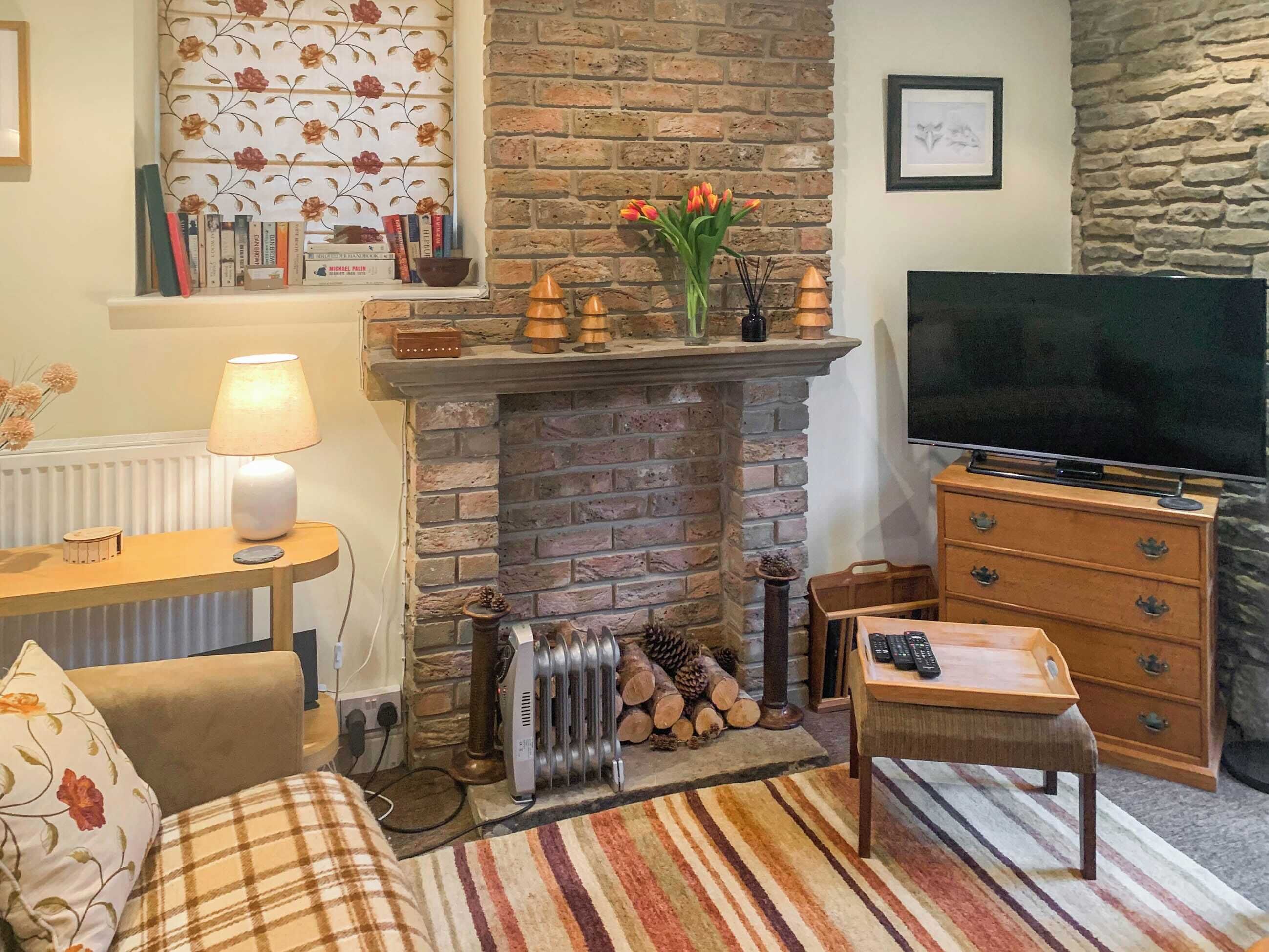 A cozy living room with a fireplace, a television, a bookshelf, and a comfortable seating area.