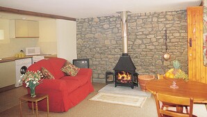Un salon chaleureux avec un mur en pierre, un canapé rouge, une cheminée, une table à manger en bois et, au fond, un coin cuisine.