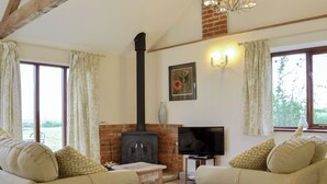 A cozy living room with a brick fireplace, a television, and two sofas with patterned cushions. - The Wood Shed - E1919 (Hinton, near Dunwich)