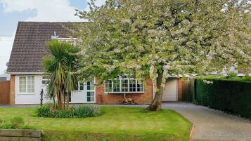 A residential house with a tiled roof, a front lawn, and a large flowering tree.