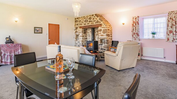 Ein gemütliches Wohnzimmer mit Kamin aus Stein, einem Esstisch mit Stühlen, einer Couch und einem Fernseher.