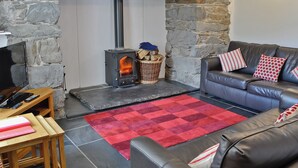 A stone fireplace, a leather sofa, a red rug, and a television on a wooden table.