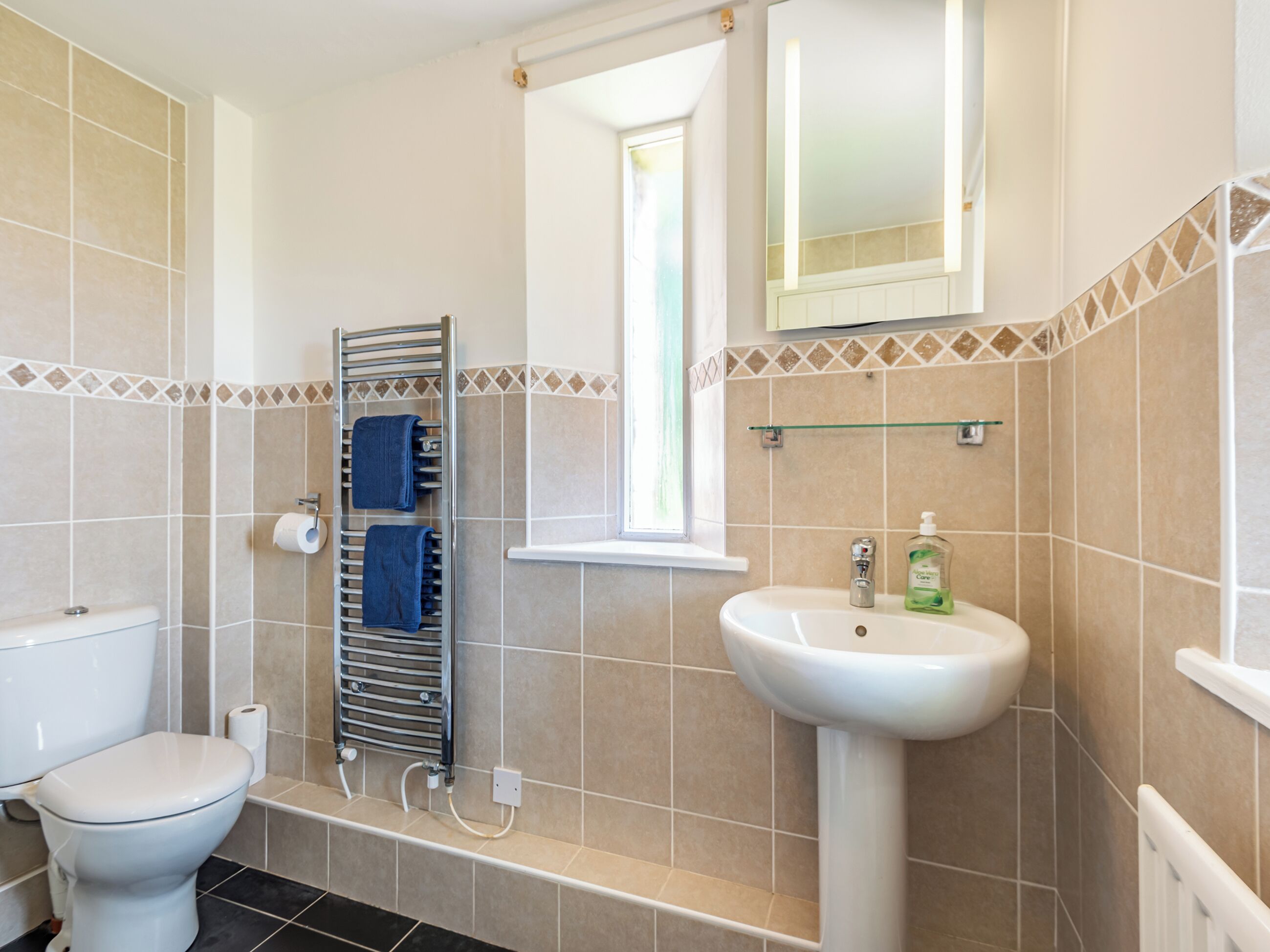 Ein Badezimmer mit Toilette, Handtuchhalter mit Handtüchern, Waschbecken und Spiegel.