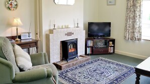 Un salon avec une cheminée, un téléviseur, un canapé et un tapis à motifs.