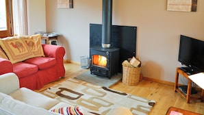 A cozy living room with a fireplace, red sofa, and a television.