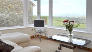 Una habitación con pared de piedra, un sofá blanco, un televisor sobre un mueble bajo y vistas al campo.