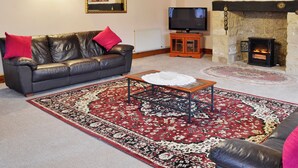 A living room with a leather sofa, a coffee table, a fireplace, a television, and a patterned rug. - 5 bedroom accommodation in Uploders, Bridport (Uploders, Bridport)