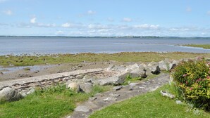 Kustlandschap met een rotsachtige kustlijn, grasvelden en een verre weergave van een stad aan de overkant van het water.