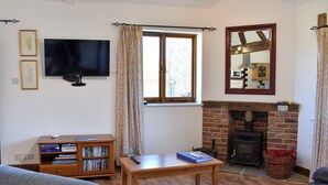 A living room with a television, fireplace, bookshelf, and leather sofa.