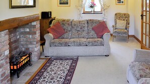 Una sala de estar con sofá, sillón, chimenea y alfombra.
