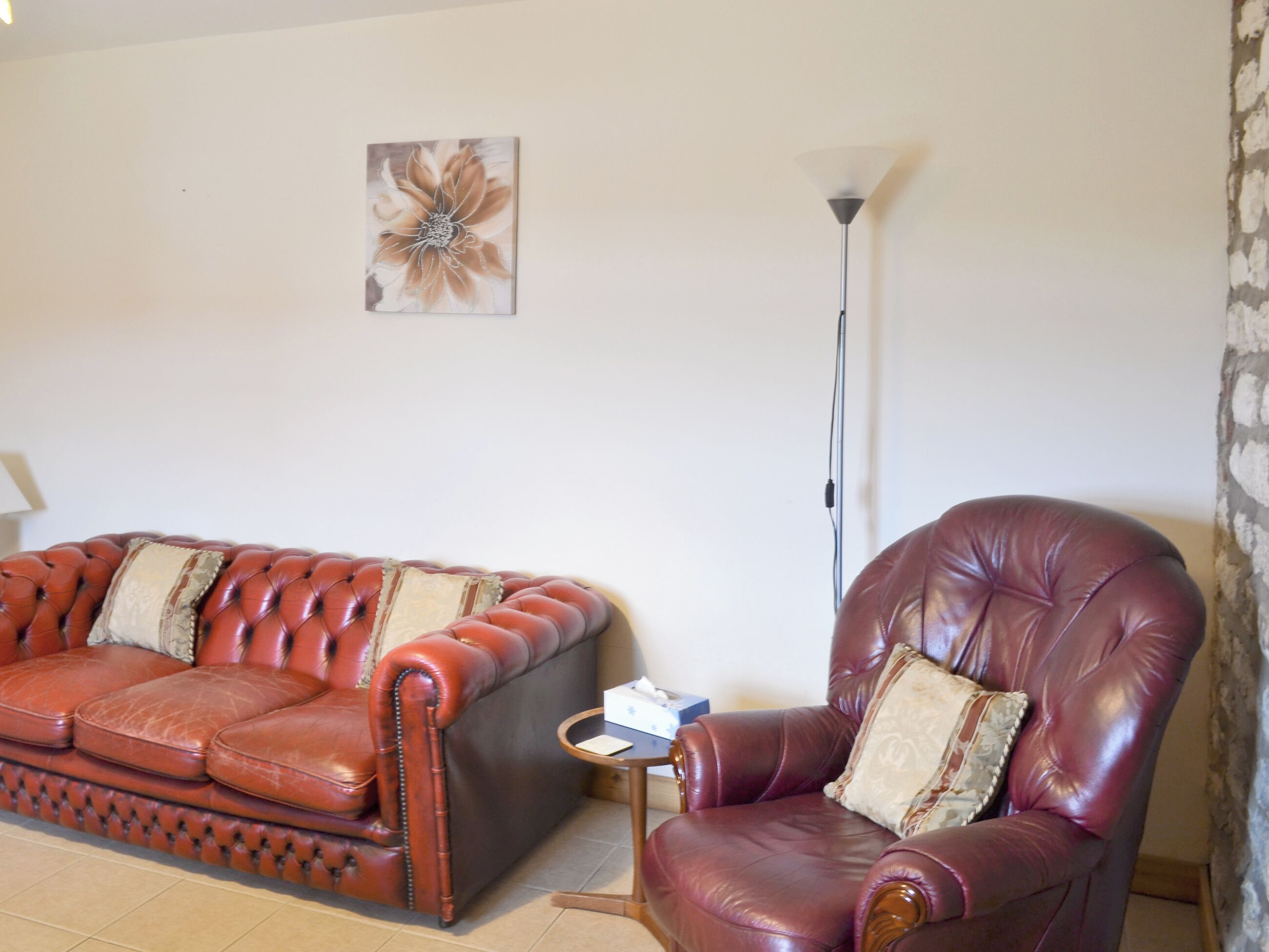 A living room with a brown leather sofa and armchair, a small table with a tissue box, and a floor lamp.