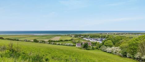A coastal landscape with fields, a small cluster of houses, and a view of the sea.