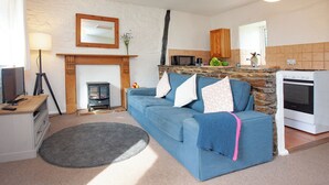 A cozy living room with a blue sofa, a fireplace, a kitchen area with a stove, and a TV on a wooden table. - 1 bedroom accommodation in Looe (Looe)