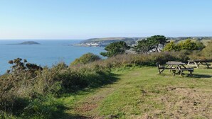 A coastal landscape with a grassy area, picnic tables, and a view of the sea and distant buildings. - 1 bedroom accommodation in Looe (Looe)
