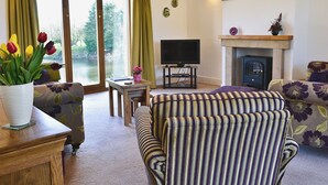 Una sala de estar con un sofá, un televisor, una chimenea y vistas a un lago a través de amplios ventanales.