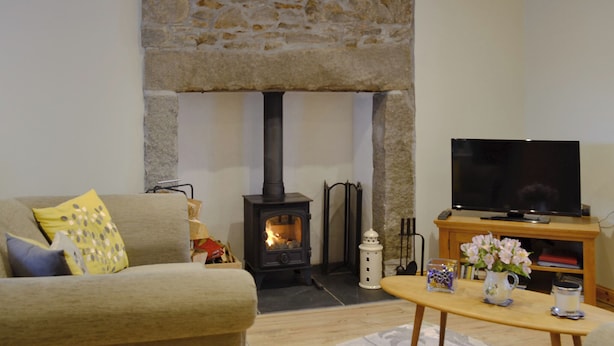 Una sala de estar con chimenea de piedra, un sofá, un televisor y una mesita con un jarrón de flores.