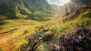 Un paisaje montañoso con un valle y un arroyo.