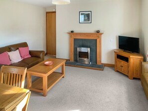 Una sala de estar con chimenea, un sofá, una mesa de centro, un mueble para televisión y un comedor.