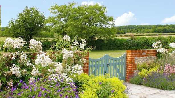 Ein Garten mit verschiedenen Blumen, einer Ziegelmauer und einem blauen Tor.