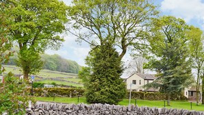 A stone wall, a large tree, and a house in a rural setting. - 1 bedroom accommodation in Peak Forest, near Buxton (Peak Forest, near Buxton)