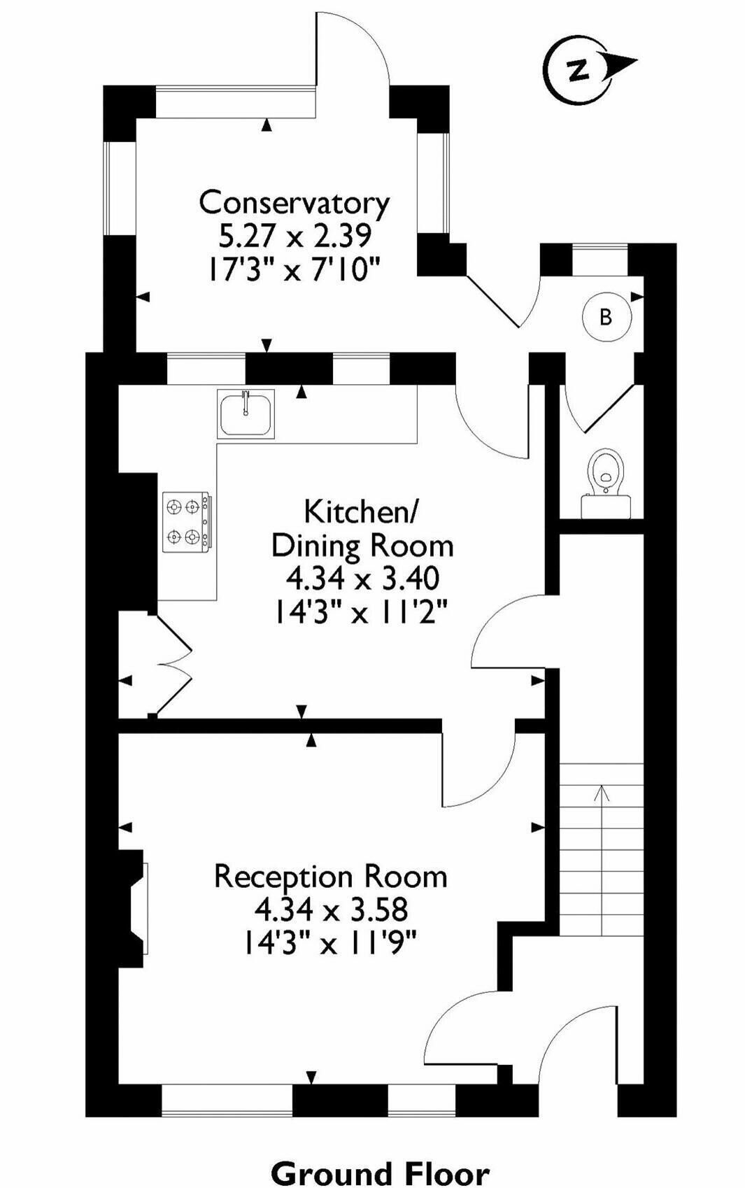 A floor plan of a hotel with a conservatory measuring 5.27 x 2.39 meters, a kitchen/dining room of 4.34 x 3.40 meters, and a reception room of 4.34 x 3.58 meters.