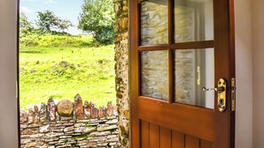 A wooden door with a glass panel, leading to a stone wall and a grassy landscape with trees.