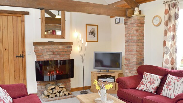 A living room with a fireplace, a television, and red sofas.