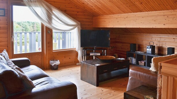 A cozy cabin interior with a wooden ceiling, a television, a wooden table, and a couch. - 2 bedroom accommodation in Fritton, near Great Yarmouth (Fritton, near Great Yarmouth)