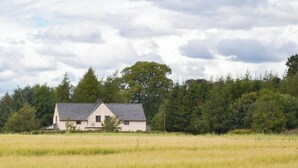 A house with a sloped roof, a chimney, and a satellite dish.