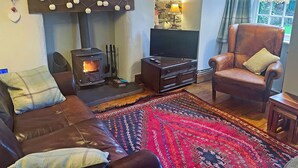 Una sala de estar acogedora con chimenea de piedra, televisión, sillón de cuero y una alfombra estampada.