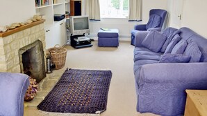 A living room with a fireplace, a television, a sofa, a rug, and a bookshelf. - Meadow Cottage-E1793 (Broadwindsor)