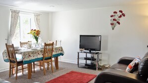 Uma sala de estar com uma mesa de jantar, cadeiras, uma TV em um móvel, um tapete vermelho e um sofá.