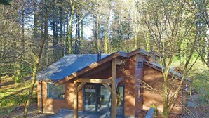 Eine Hütte mit geneigtem Dach, großen Fenstern und einem Steinfundament.