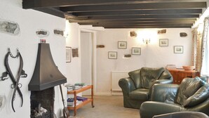 Ein gemütliches Wohnzimmer mit Kamin, Ledersofas und Bücherregal.