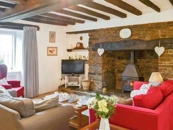 A cozy living room with a stone fireplace, red sofas, a television, and a vase of flowers. - West Hurscott Cottage (Hurscott, near Barnstaple)