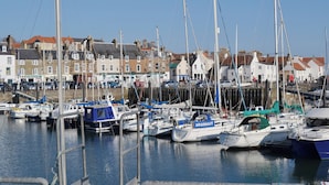 Un port de plaisance où sont amarrés de nombreux bateaux, entouré de bâtiments aux toits rouges.