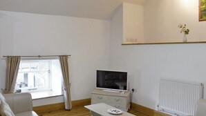 Un salon avec un téléviseur, des meubles blancs, une fenêtre avec des rideaux et un radiateur.