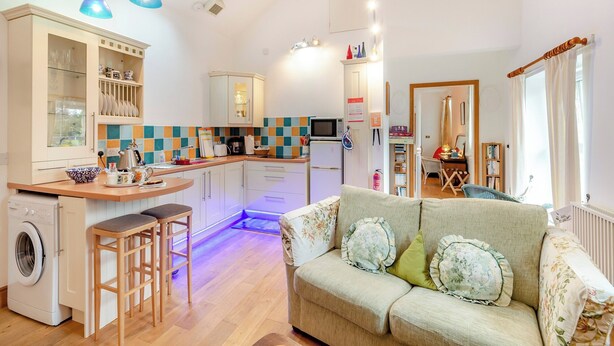 A compact living space with a kitchenette, a sofa with floral cushions, and a washing machine.
