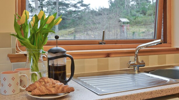 A kitchen counter with a coffee pot, two mugs, a plate with croissants, and a vase with tulips.