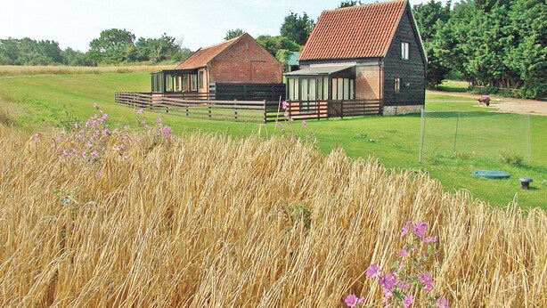 A rural barn with a red roof and a smaller adjacent structure, surrounded by fields and trees. - Sally's Nest - E3042 (Wenhaston, near Southwold)