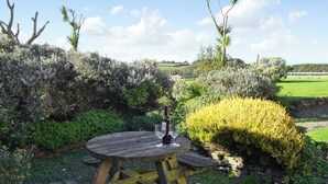 A wooden picnic table with two wine glasses and a bottle, surrounded by lush greenery and a clear sky.
