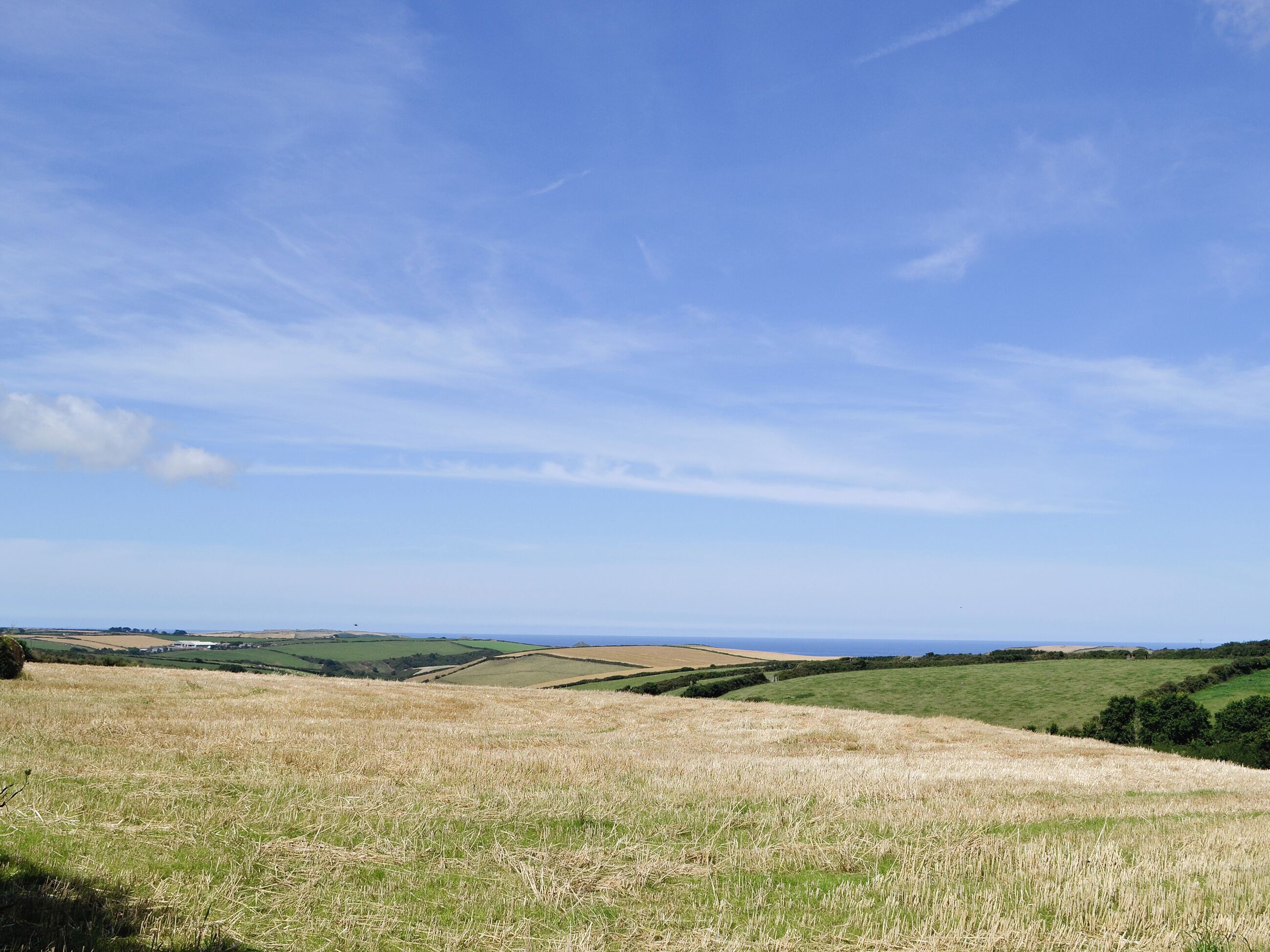 Une vue panoramique d’un paysage rural, avec des collines ondoyantes, un ciel dégagé et un horizon lointain.