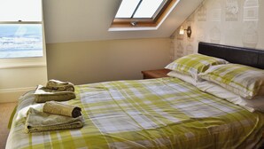 A bedroom with a skylight, a bed with green and white checkered bedding, and a view of the sea through a window.