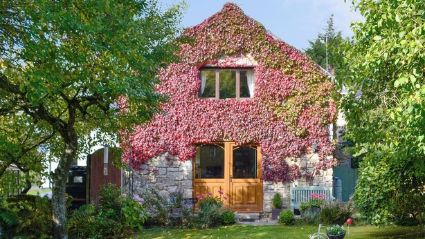 Ein Haus mit einer Stein-Fassade, einer Holztür und einem Fenster mit Holzrahmen.