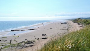 En strand med klart himmel, sandet bredde og græsklædte klitter.