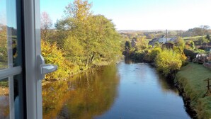 A river with trees and houses in the background.