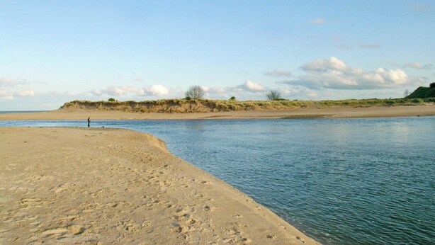 Une plage avec un rivage sablonneux et une eau calme.