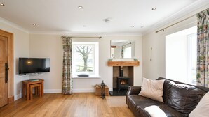 A living room with a fireplace, a television, and a sofa.