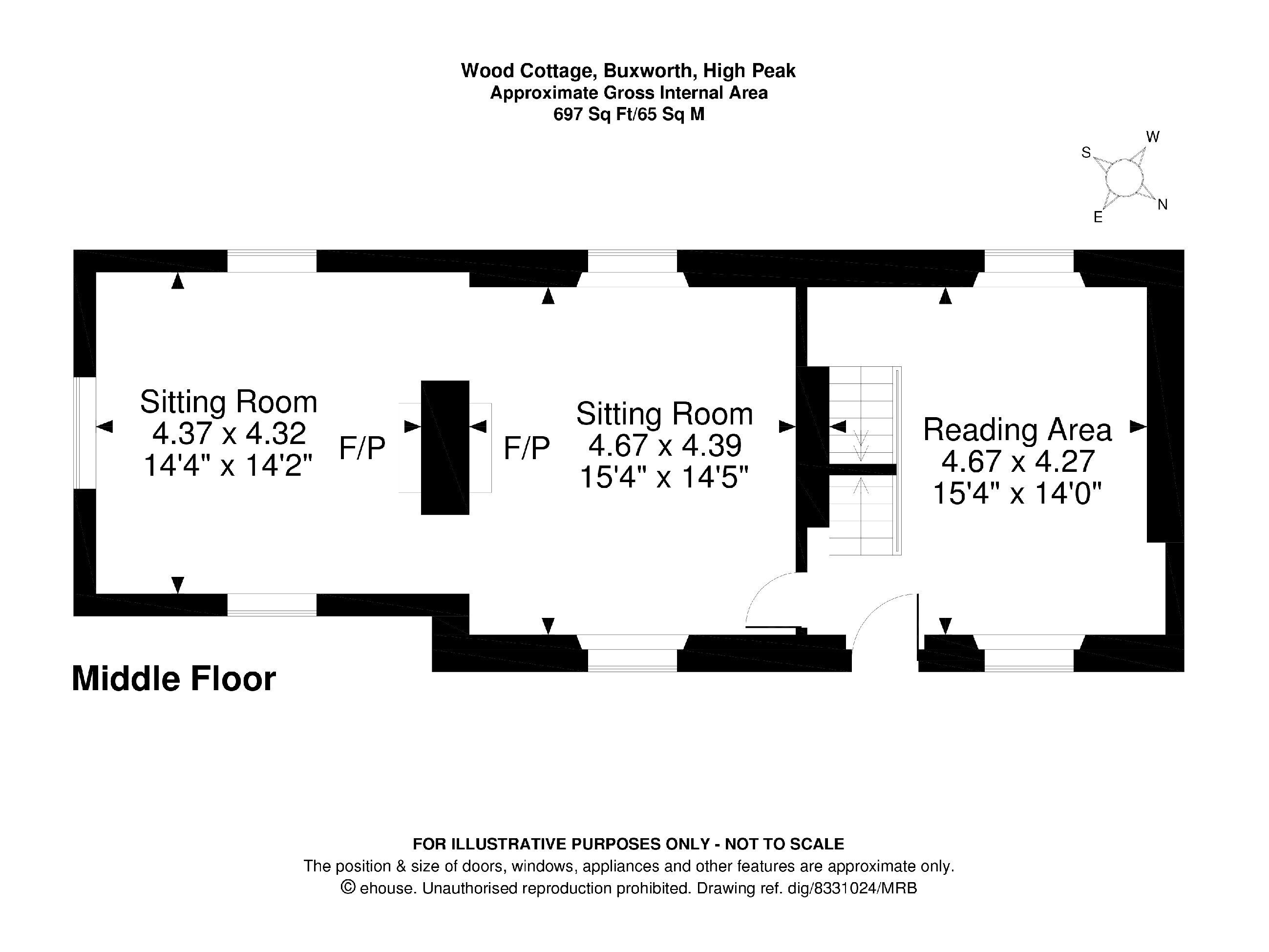Plan d’étage de la maison Wood Cottage, située à Buxworth, dans le district de High Peak, comprenant deux salons et un coin lecture, avec indication des dimensions et de l’agencement.